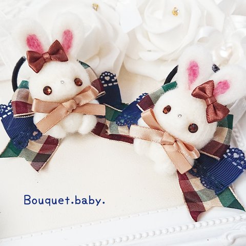 うさ🍓ツインヘアゴム💝🐰チェックリボン୨୧キッズ୨୧プレゼントにも💛  Bouquet&baby