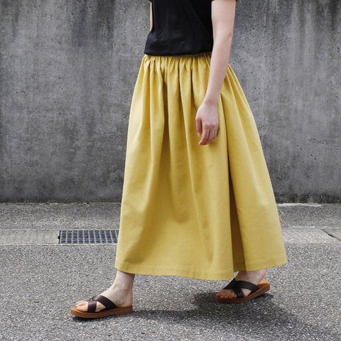 コットンリネン ギャザースカート（レモンシフォン）リネン 麻 ロング マキシ ポケット 