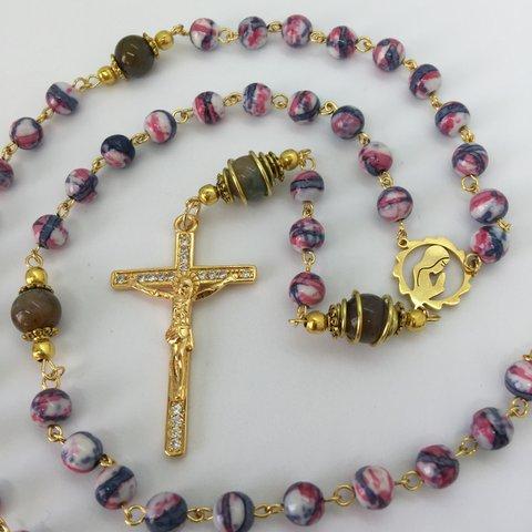 ロザリオ【１点物】(95)アゲート＆カラスルストーン カトリック 十字架 パワーストーン Rosary,Catholic,Prayer Beads,Healing,Relaxing,Gemstone