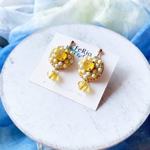 ビーズ刺繍 Dolce Yellowイヤリング　※16kgpピアスに変更OK