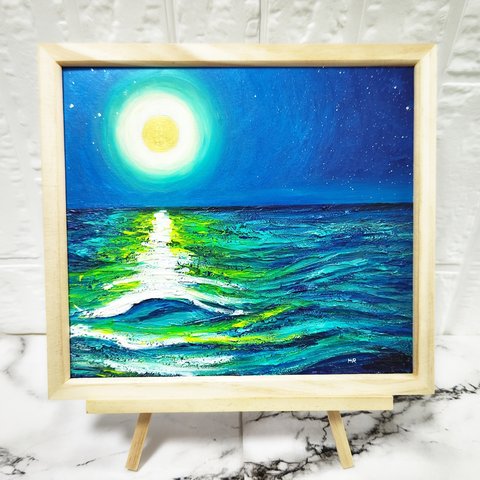 油絵 絵画  満月の海