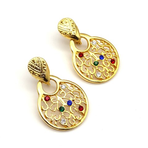 80s Vintage Rhinestone × Gold Design Earrings