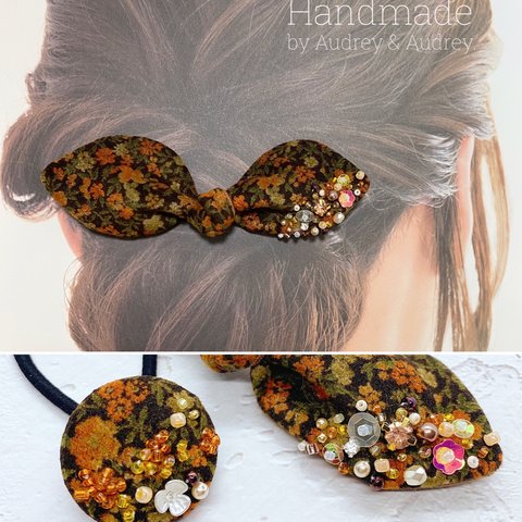 《昔話はおやつのあとで》 お花畑みたいなきらきらビーズ刺繍のバレッタとヘアゴム  丸いリボン  Lサイズ