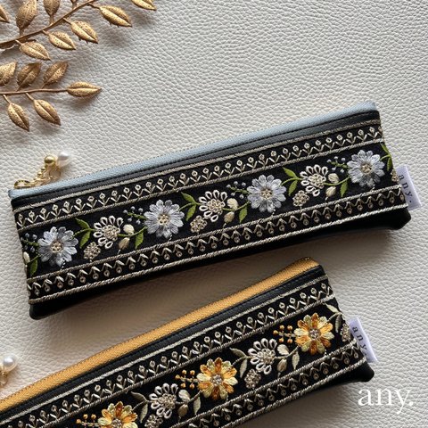 new✨インド刺繍リボンの大人ペンケース blue flower🩵