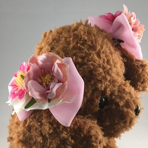 愛犬用 花の髪飾りヘアクリップ　ピンクローズ　2個セット