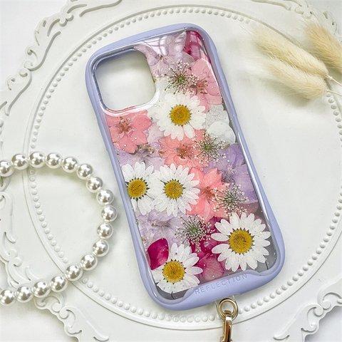 iFace風紫陽花押し花スマホケース、iPhone全機種対応、ストラップホルダ一、iFace風、手帳型、iPhone14、iPhone14 Pro、iPhone14 plus、iPhone13