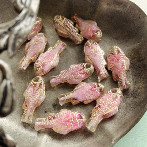 【2尾セット】#czech beads#チェコビーズ　fish 28✖️14㍉　irregular crystal pink mable/bronze