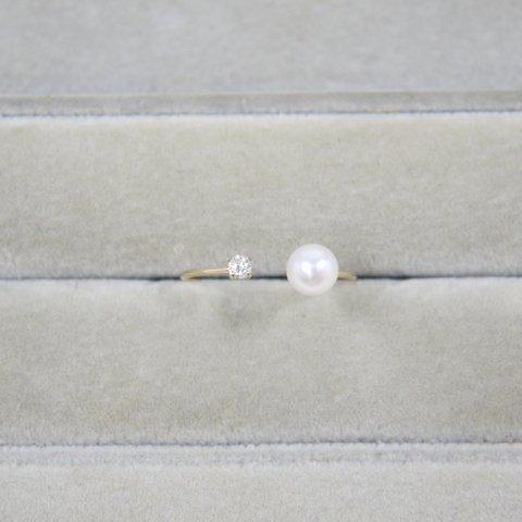 華奢で可愛いパールとダイヤの指輪☆K18YGダイヤ 真珠 リング 0.05ct イエローゴールド 18金