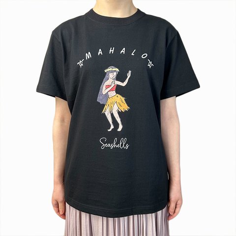 ハワイアンデザインTシャツ ブラック 半袖カットソー フラガールのイラスト レトロなハワイアンフラダンサー ハワイ