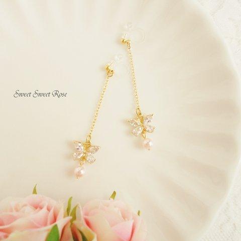 【再販】Shine Butterfly ～Pink～ イヤリング ピアス 蝶 蝶々 バタフライ パール スワロフスキーパール チェーン 揺れる