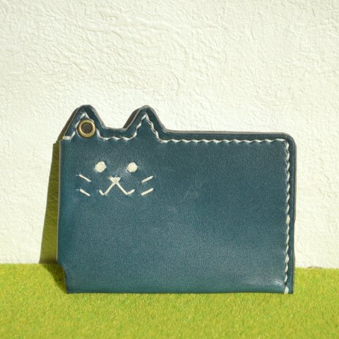 コゲちゃん　ICカードケース/パスケース 栃木レザー ネイビー（手縫い）本革　皮　 Leather　猫