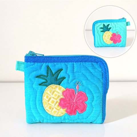 パイナップルとハイビスカスの小さいお財布(濃ピンク花×ブルーグリーン)