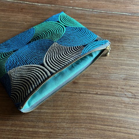 blueの波紋のポーチ(マチなし) フランス生地　ジャガード織　 