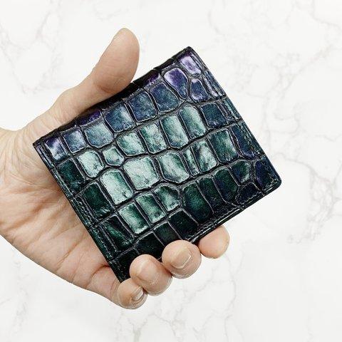 日本製　クロコダイル　マット仕上げ　超薄型　コンパクトウォレット　ミニ財布　エキゾチックレザー