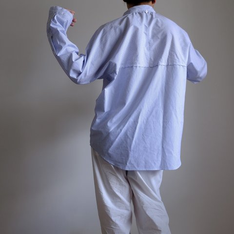 春待ちsale ◎切り替えプルオーバーシャツ/ L / コットン ストライプ【 白に青 】/ pullover shirt cotton stripe【blue on white】