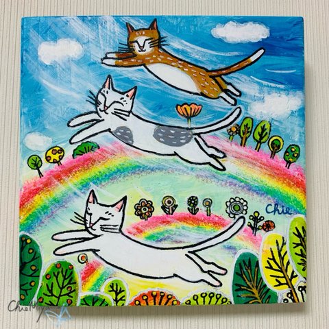 原画 北欧アート『空飛ぶ猫』 おしゃれ モダンアート 現代アート ねこ cat 絵画  rainbow ブルー 虹