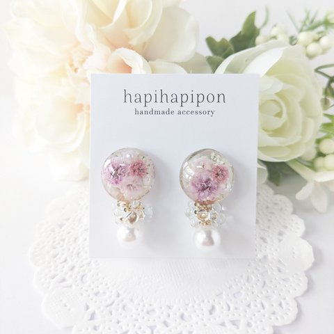 【purple】上品 かすみ草×パール イヤリング/ピアス/ノンホールピアス(395)