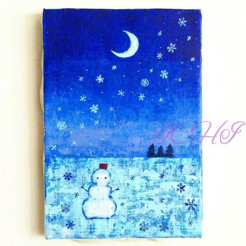 油絵  雪の月夜に