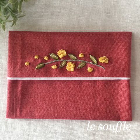 リボン刺繍のポケットティッシュケース 赤×黄