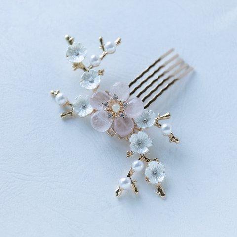 天然石ローズクォーツのお花のヘアコーム　桜　かんざし　ヘアアクセサリー　結婚式