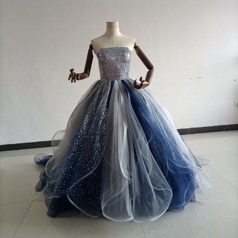 送料無料！青　ブルーキラキラチュールカラードレス 可愛い 編み上げ プリンセスドレス オーバードレス