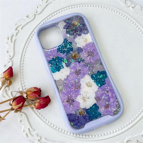 紫陽花、千鳥草、iFace風押し花スマホケース、全機種対応、ストラップホルダ一、iFace風、手帳型、iPhone15、iPhone15Pro、iPhone14、iPhone14Pro