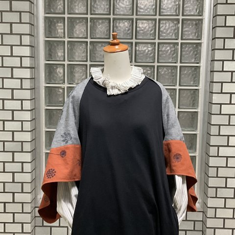 ボレロ・羽織り　花刺繍　杢グレーXブラックオレンジ