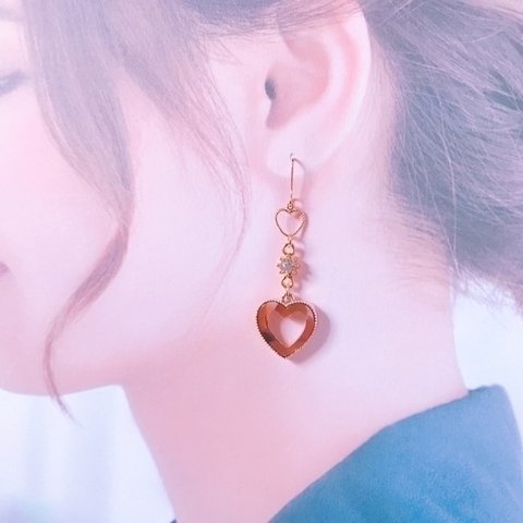 小さなハート&大きなハートのピアス　秋　べっ甲風　クリスマスプレゼントにも