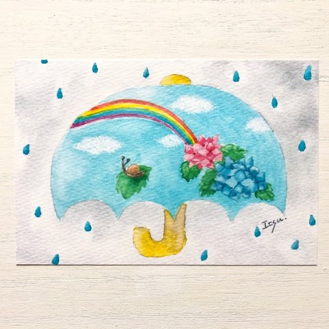 ☂️透明水彩画「雨のち晴れ」イラストポストカード２枚セット　傘　虹　かたつむり　あじさい　紫陽花　母の日　父の日☂️