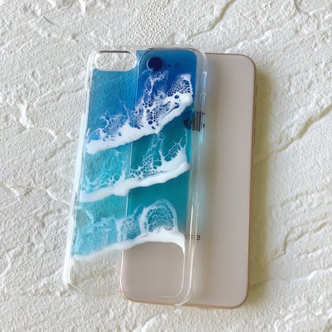 透明感抜群♪さざ波が幻想的な海レジンアートのスマホケース・iPhone7/8専用(ブルー)
