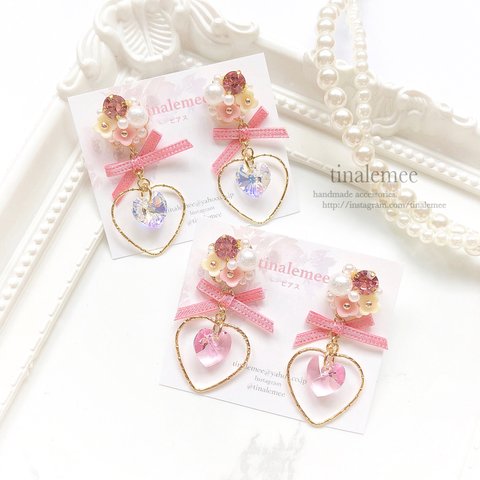 Pastel flower＊swarovski×heart ribbon charm.