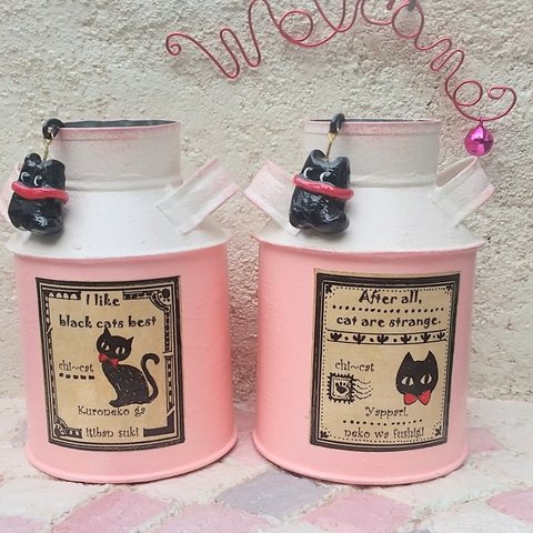 リメイク鉢(缶)+黒猫ピック ミルク缶型ピンク