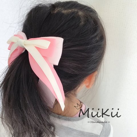 入学式、卒業式☆ カラフルなレイヤード　たらりんリボン🎀揺れるヘアゴム　ピンク系　(11カラー、留め具変更可能)