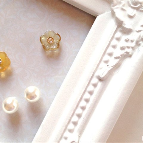 *2Way♡パールavecフランスのちいさな飴色お花ピアス / ノンホールピアス