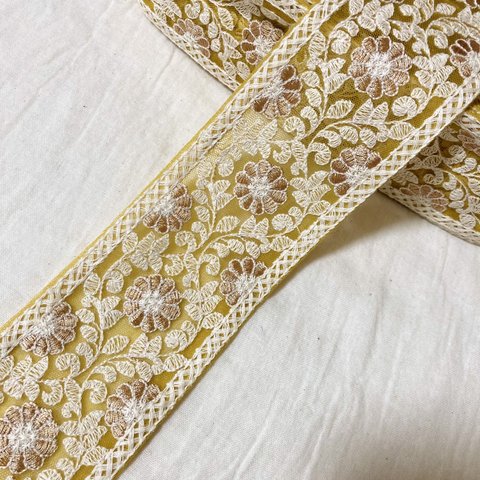 インド刺繍リボン 【No.75】イエロー 50㎝ チュール リボン 花 レース 白 刺繍リボン