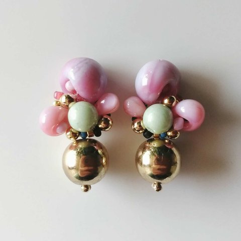 Drop glass beads + Gold ball＊【 Misty pink / Pastel pink / Mint green 】+ Blue / Navy