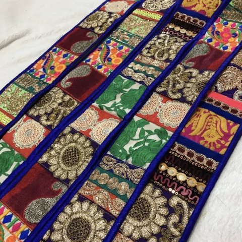 インド 刺繍リボン 青 ハンドメイド 手芸 幅広リボン スパンコール 金 ザリ