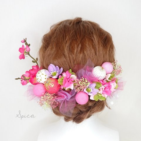 【一点限定】桜色 ちりめん和玉と梅とプリザ紫陽花のヘッドドレス 成人式 卒業式 和風 ピンク