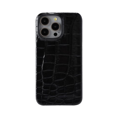 クロコダイル ブラック iPhone 15 Pro MAX ケース カバー 高級 本革 本物 一枚革 シャイニング加工 腹革