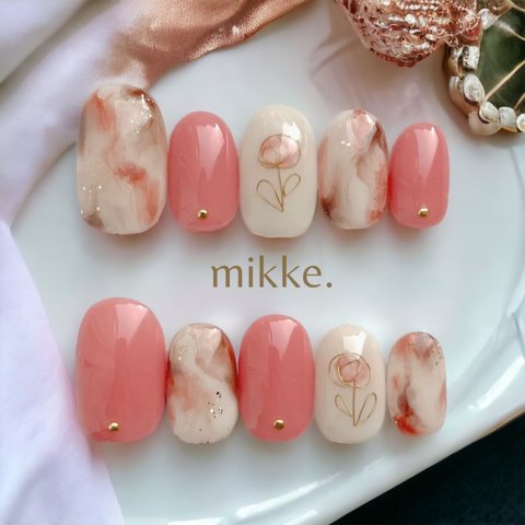 【 カラー変更無料 】ネイルチップ〔 mikke. 〕 / 春 ワイヤー マーブル ピンク