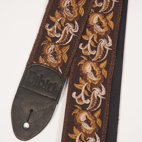 ブラウンエスニック刺繍リボンの帆布ギターストラップ