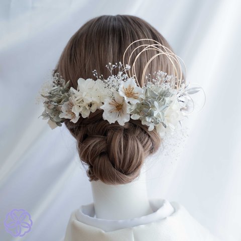 桜と紫陽花の髪かざり　グレージュ×ホワイト　成人式　卒業式　結婚式　振袖　着物　和装ヘアアクセサリー