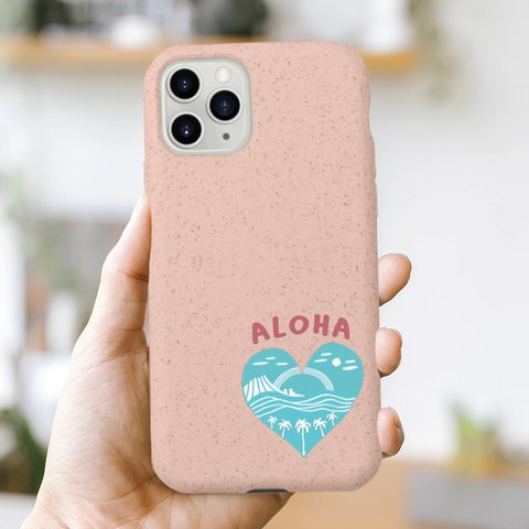 サステナブル＊ハワイ＊名入れ♡ワイキキハート 天然素材のiPhoneケース ピンク
