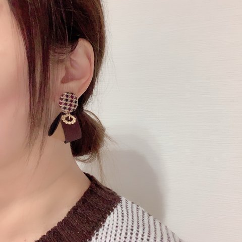 グレンチェック×レザー ピアス/イヤリング