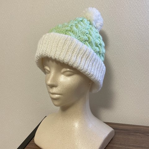 編み込み模様の毛糸の帽子薄いグリーン