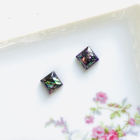 マーブル螺鈿のスクエアピアスイヤリングMarbling Mother-of-pearl Square pierced earrings【1526】💖ピアス　#秋色　