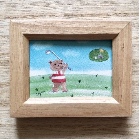 ⛳️透明水彩画「くまさん、ナイスショット」北欧イラストミニ額  ゴルフ　くま　クマ　父の日　父の日ギフト　プチギフト ⛳️