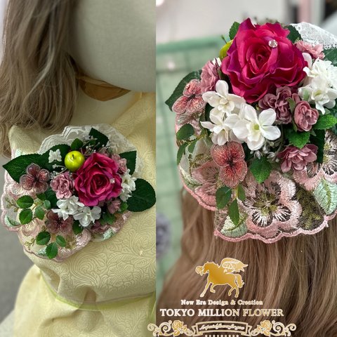 ヘッドドレスとブローチの2way 髪飾り　コサージュ　アーティフィシャルフラワー花飾り　ヘアアクセサリー　卒業式　入学式　卒園式　入園式　結婚式　パーティー　式典