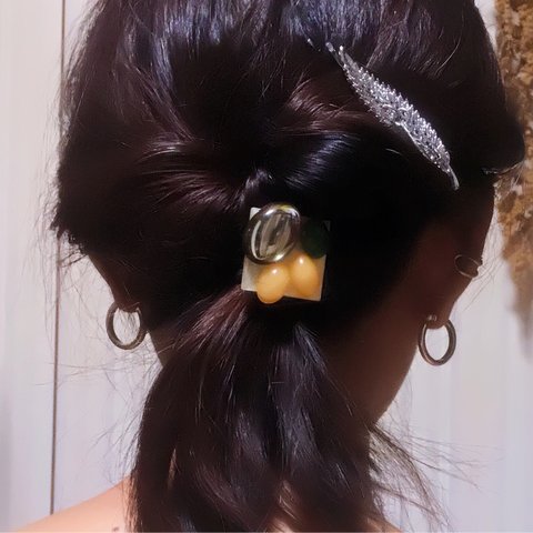 1点のみ. 大ぶり ヴィンテージ 風 ハンドメイド ヘアゴム ブラック ベージュ スクエア ブラック クリア オーバル イエロー オーバル グリーン マーブル オーバル カボション