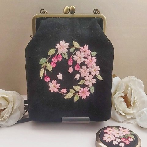 手刺繍がま口ショルダーバッグ「桜🌸」